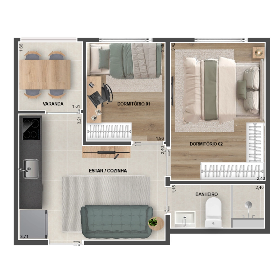 TIPO - B - 32M² - 2 DORMS - COM VARANDA